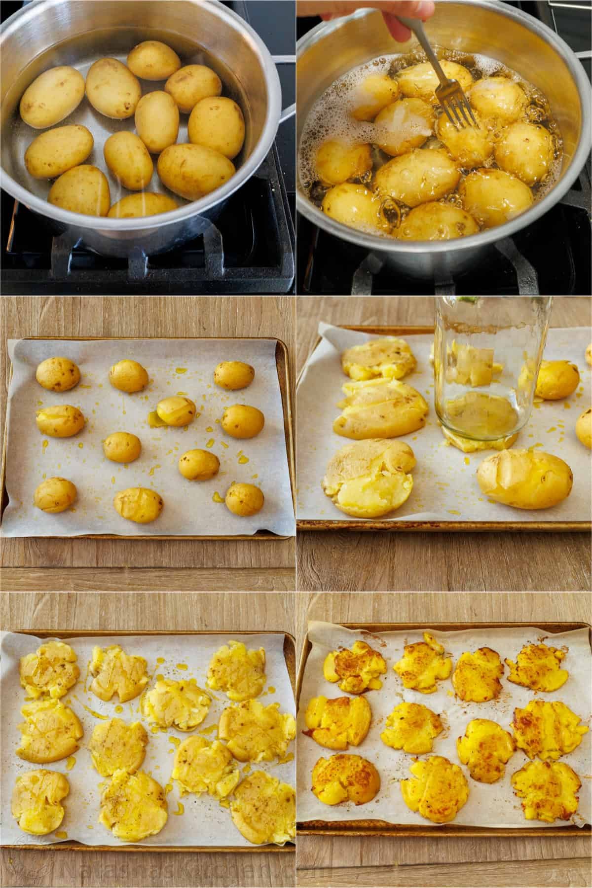 How to make Smashed Potatoes step by step Smashed Potato Salad- How to smash potatoes after boiling them. Set the potatoes on a baking sheet and press them with the bottom of a jar into flattened discs, and bake until crispy.