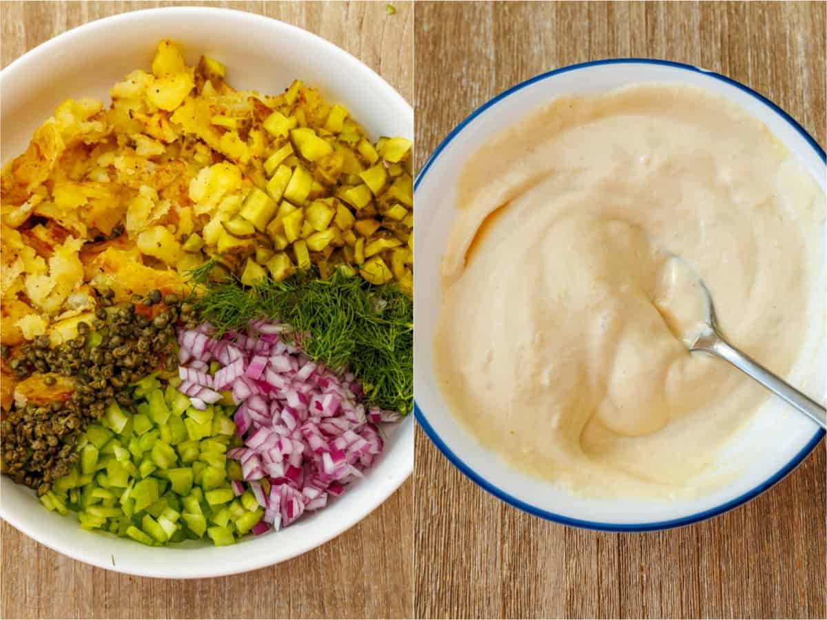 Smashed Potato Salad: A crispy twist on potato salad, with crisp vegetables and fresh herbs, combined with an irresistible two-ingredient dressing. This light and satisfying dish will win you over with every bite. Smashed Potato Salad ingredients combined in a serving bowl with two-ingredient dressing in a separate bowl, ready to be combined.