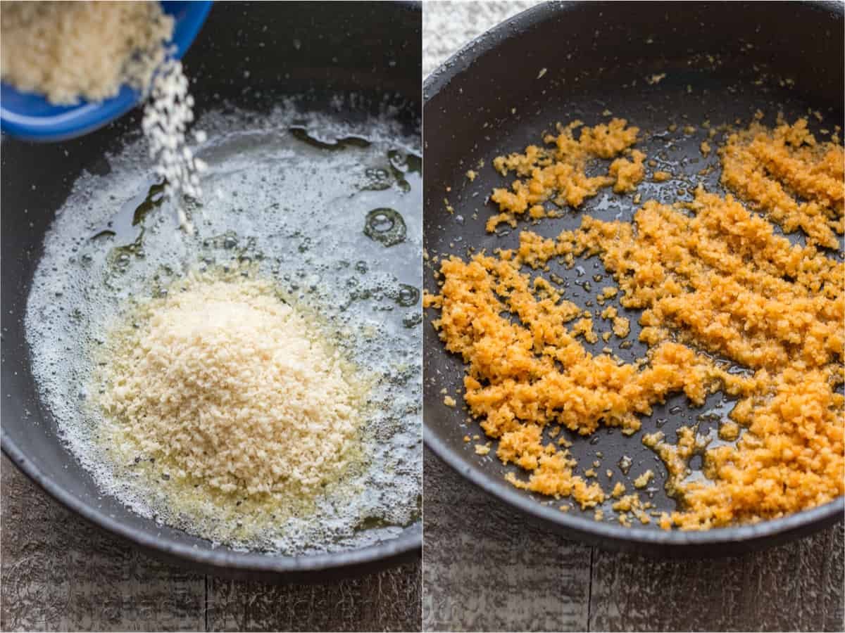 Two photos of breadcrumbs being toasted in a skillet