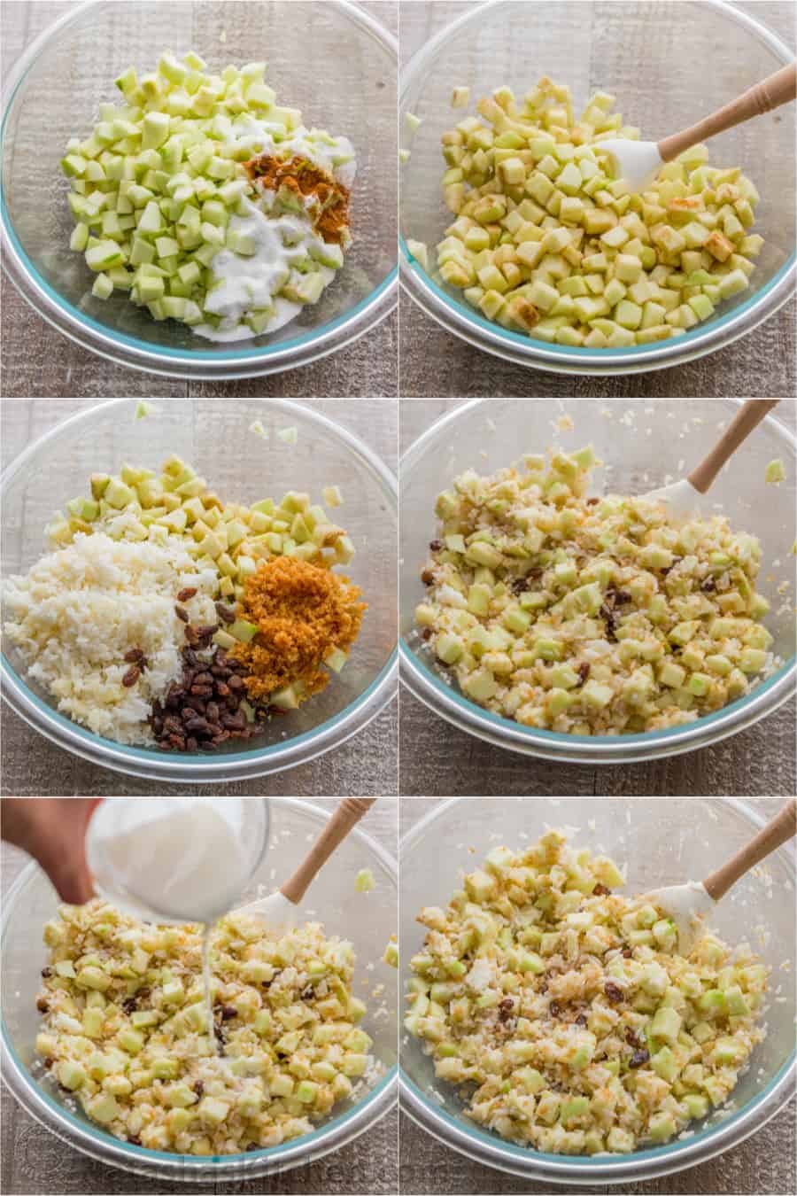 Apple rice pudding is Autumn comfort food. It is loaded with apples, cinnamon and a browned butter crunchy topping. A great way to use leftover white rice! Step by step making the apple rice filling mixture in a mixing bowl