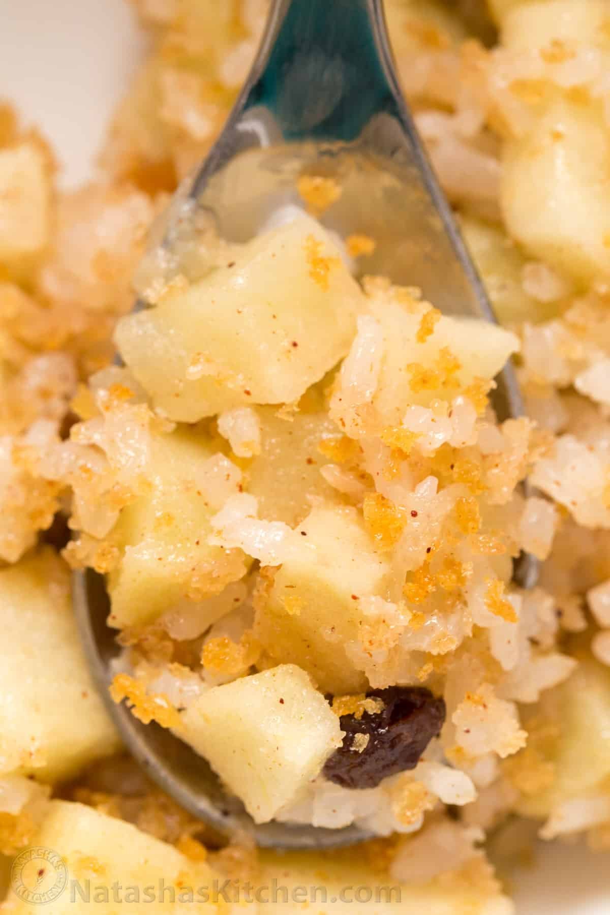 Apple rice pudding is Autumn comfort food. It is loaded with apples, cinnamon and a browned butter crunchy topping. A great way to use leftover white rice! Up close spoonful of apple rice pudding