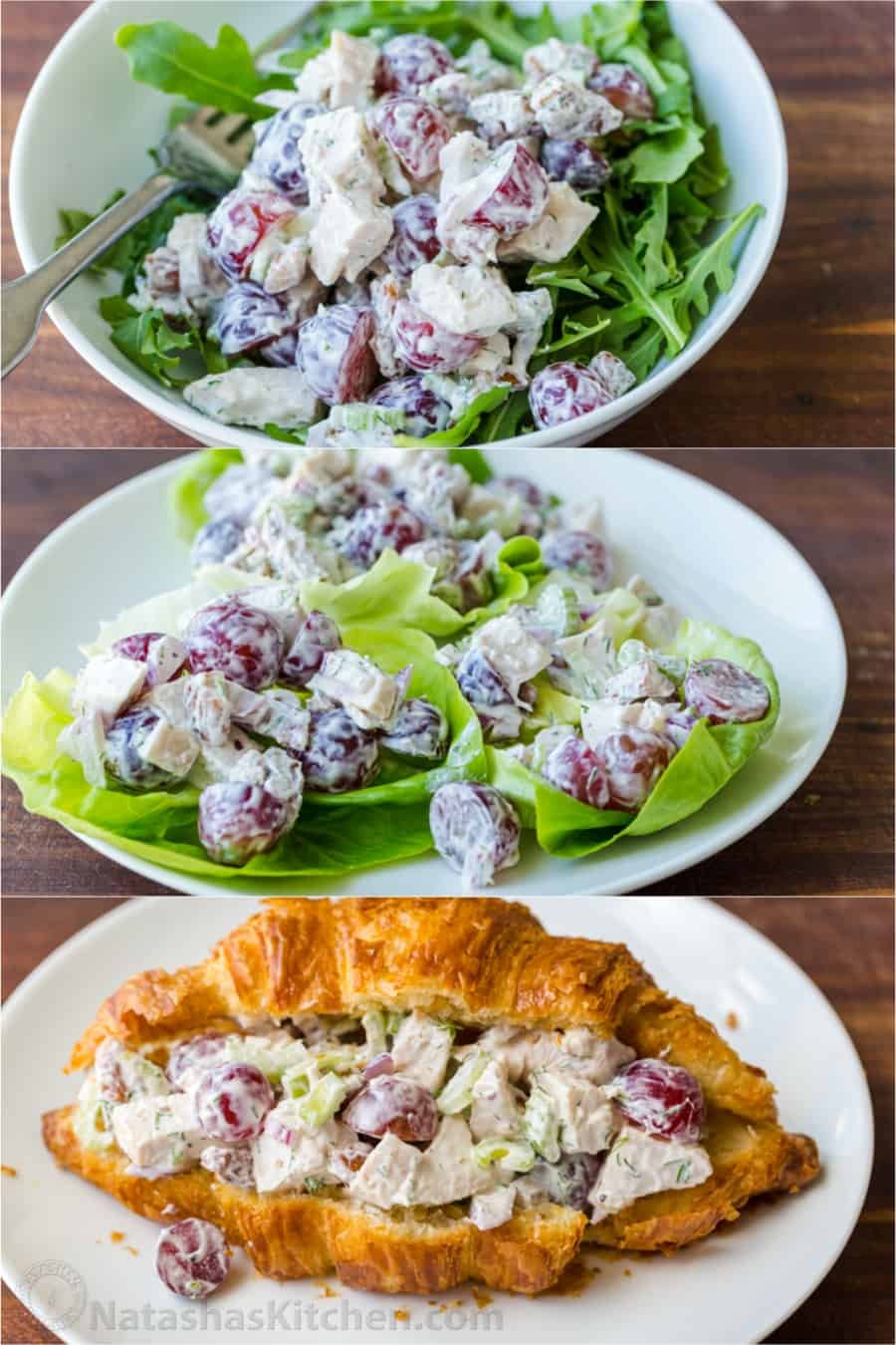 Easy Chicken Salad with chicken, grapes, pecans, and the best creamy dressing. A fresher and lightened-up version of classic chicken salad. Serving suggestions for chicken salad mix over salad, lettuce cups and crossants