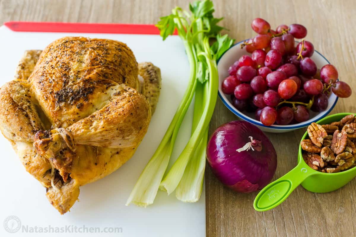Easy Chicken Salad with chicken, grapes, pecans, and the best creamy dressing. A fresher and lightened-up version of classic chicken salad. Ingredients for making chicken salad with roasted chicken, celery, grapes, pecans and onion