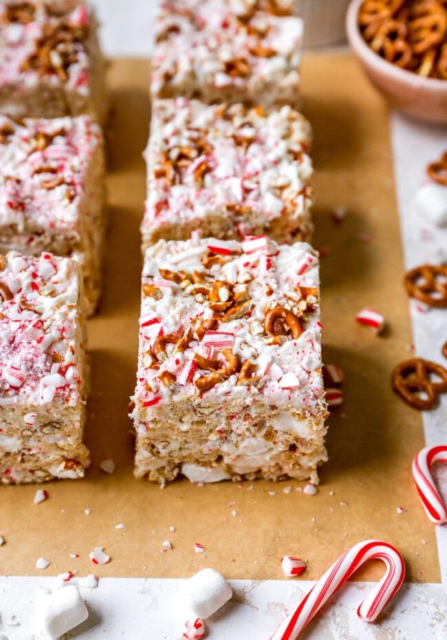 white chocolate peppermint pretzel rice krispie treats cut into squares