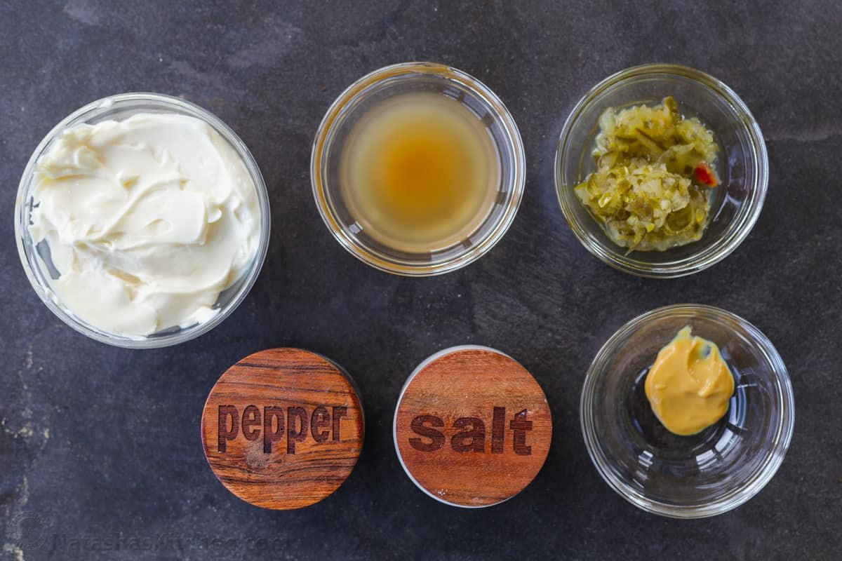 Dressing ingredients for making pasta salads Ingredients for creamy dressing with mayo and relish