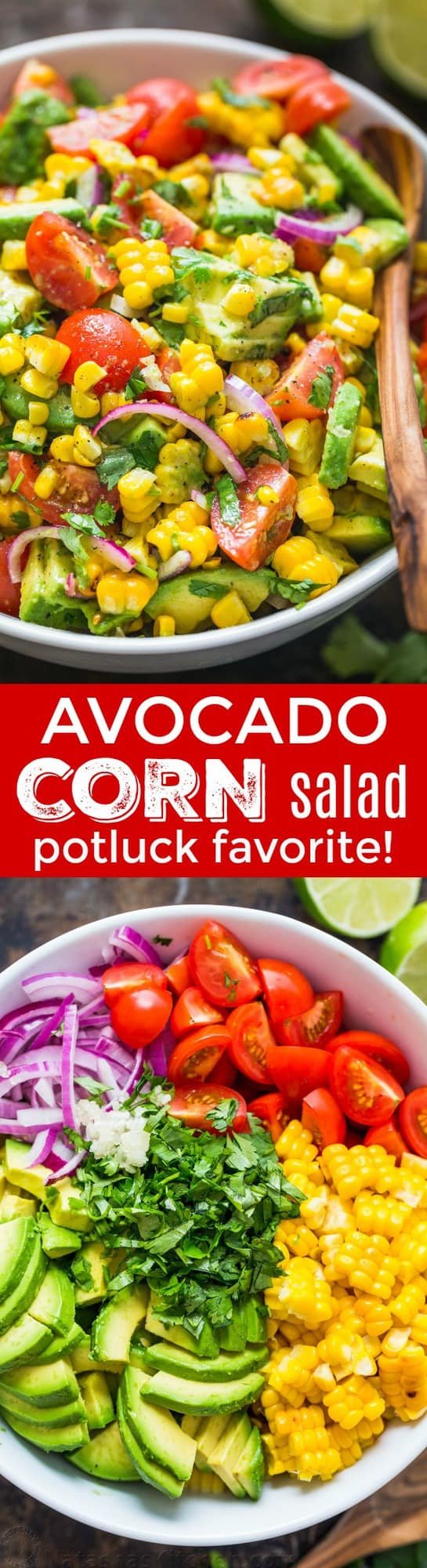 This Avocado Corn Salad is a bright and feel good salad that’s loaded with grilled corn, creamy avocado, cherry tomatoes and the dressing gives it amazing fresh flavor. This is a crowd pleasing corn salad that always dissapears fast! | natashaskitchen.com