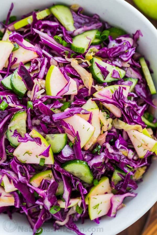 A bowl of Red cabbage Salad with apples 