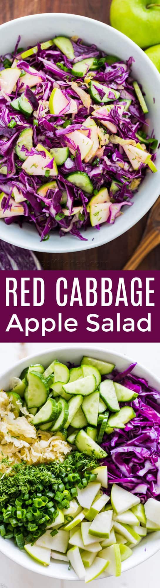 My Sister Alla's Red Cabbage Salad with Apple is loaded with the best Autumn Ingredients. She sneaks sauerkraut into her salad, making it like a red cabbage slaw. One of our Favorite Red Cabbage Recipes! | natashaskitchen.com