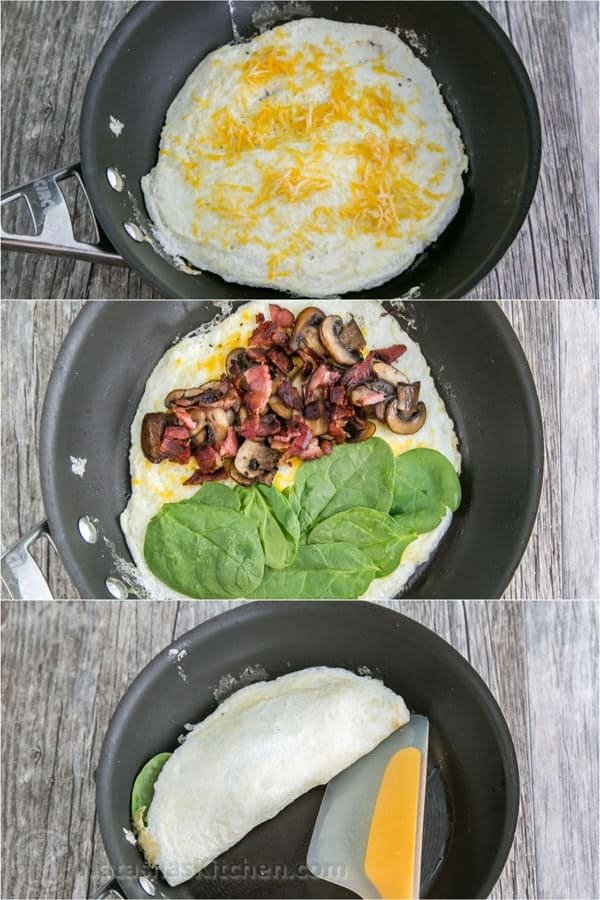 This fluffy egg white omelette is loaded with bacon, mushrooms, cheese, and fresh spinach which softens perfectly inside the omelette. So satisfying! | NatashasKitchen.com 