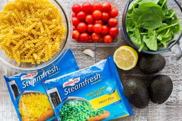 Ingredients for creamy avocado pasta salad - the best pasta salad ingredients