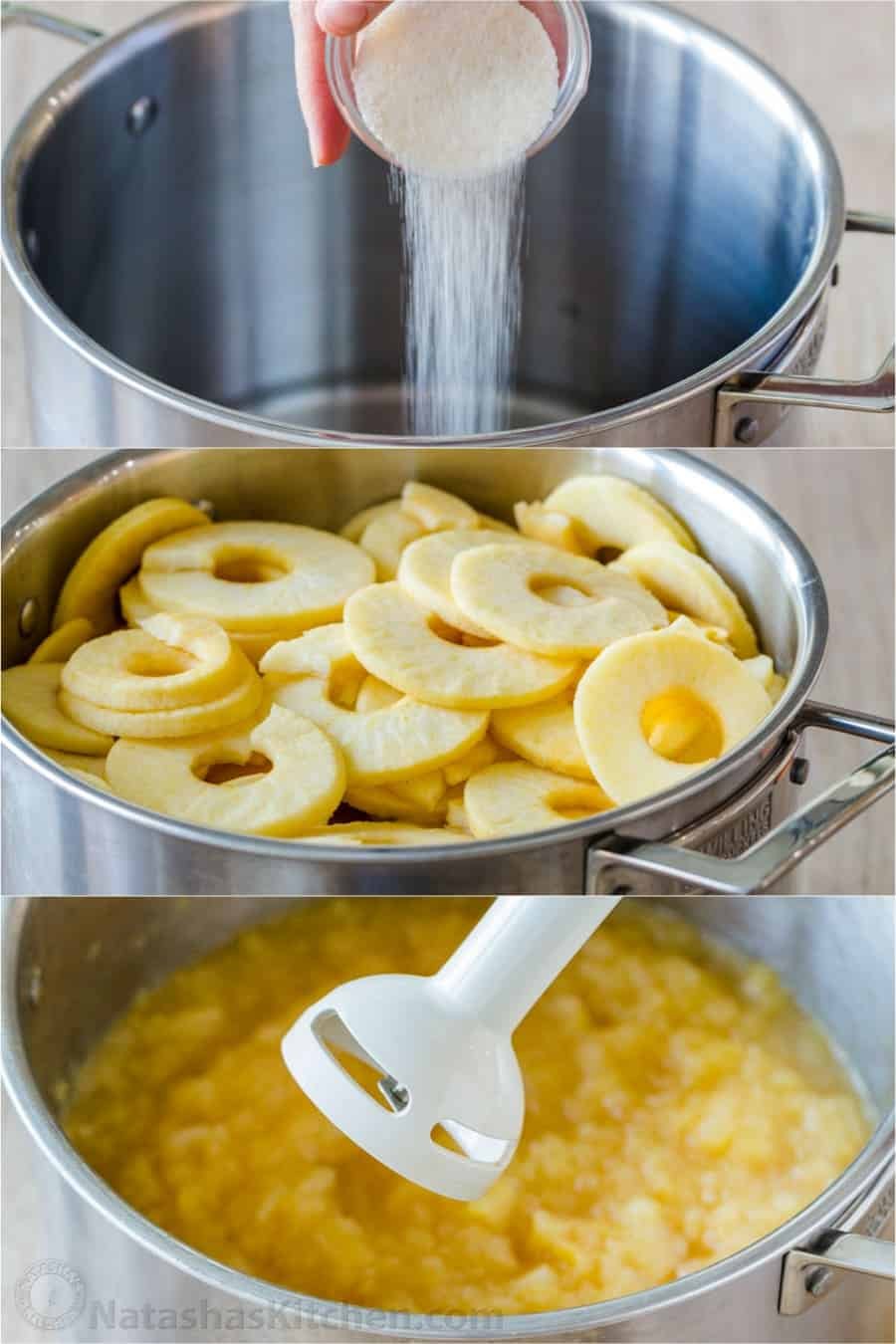 There's nothing like Homemade Applesauce with fresh apple flavor. Use very ripe apples and you don't even need to add sugar. How to make and can applesauce. #applesauce #applesaucerecipe #howtomakeapplesauce #apples #howtocanapplesauce #natashaskitchen #canningrecipes How to make applesauce step by step photo instructions