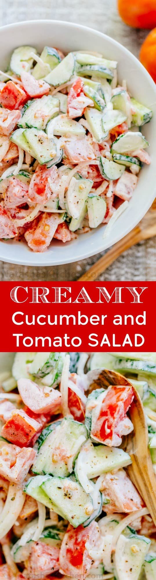 This CLASSIC creamy cucumber and tomato salad is so simple to make and is our go-to summer salad. An easy, excellent cucumber tomato salad. KEEPER! | natashaskitchen.com