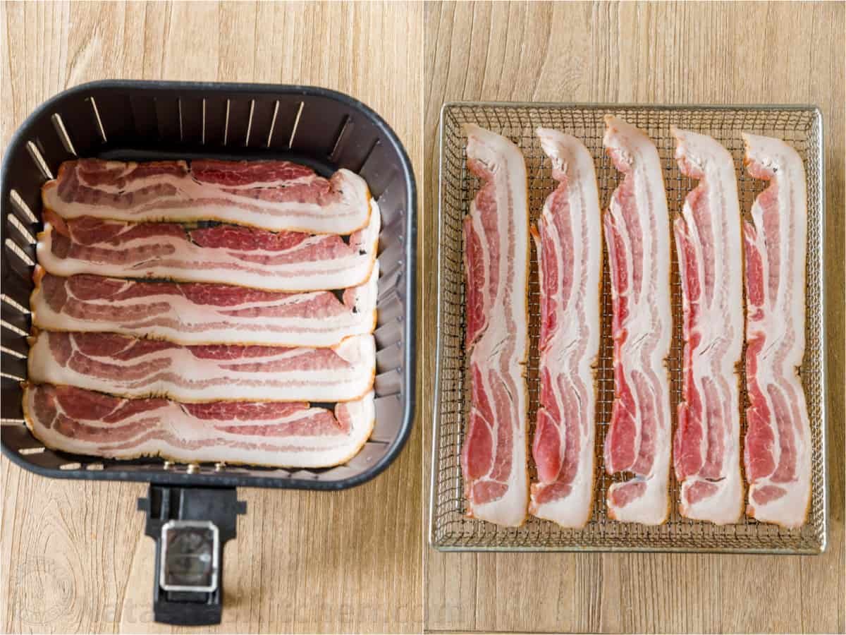 Making Air Fryer Bacon is so EASY! Have this ready for breakfast in under 10 minutes. The bacon air-fried is crispy and crunchy and the cleanup is so easy. Uncooked bacon in air fryer baskets