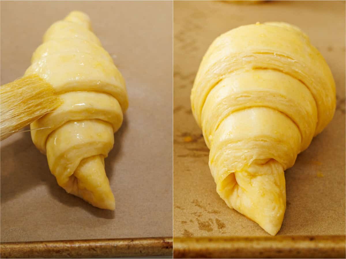 Freshly baked French croissant—crispy on the outside and soft on the inside. With tips from Paris, I've perfected this recipe and know you will love it! Brushing an egg wash onto proofed and shaped croissant dough