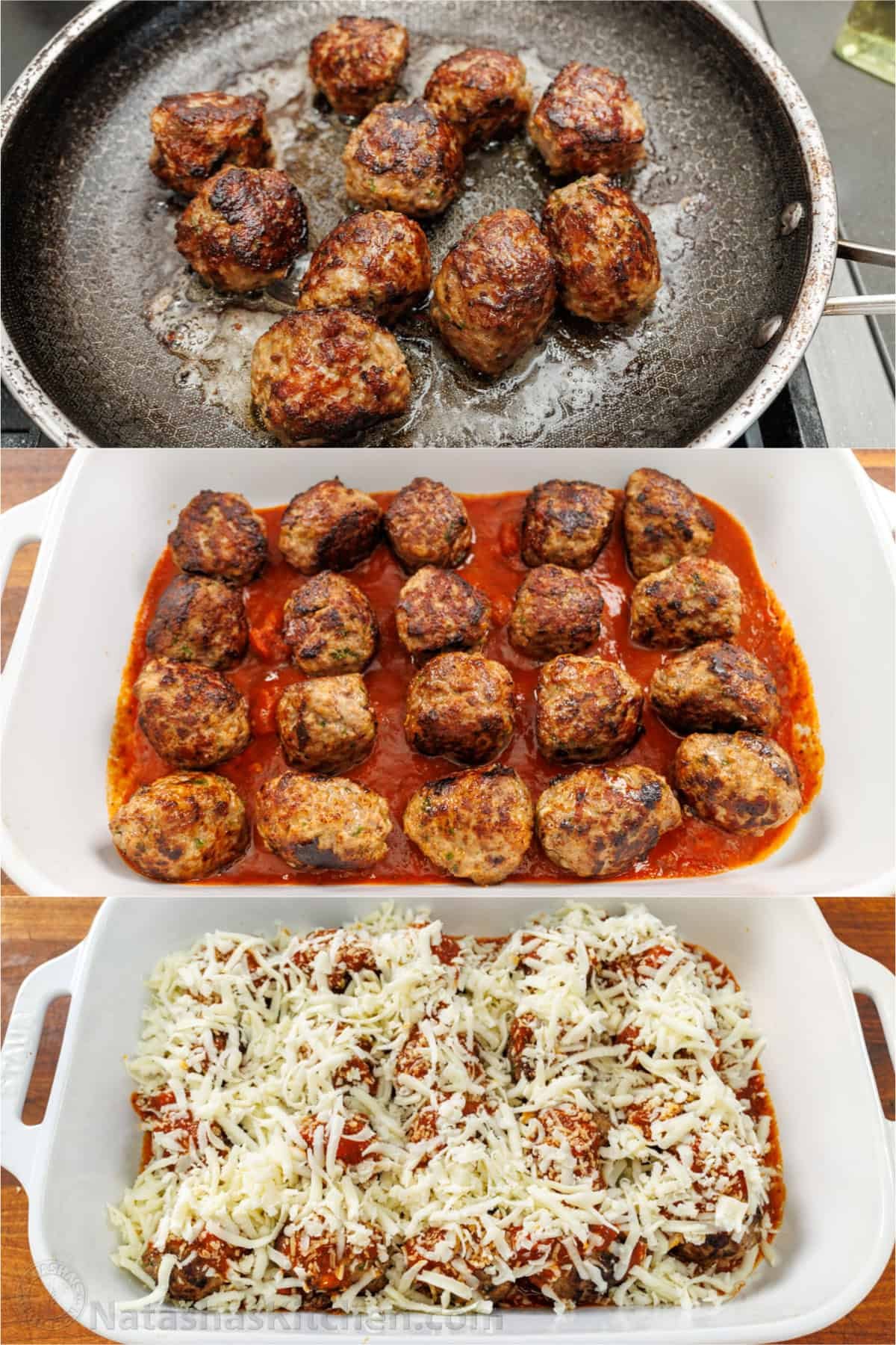 This Meatballs Parmesan Recipe combines the best Italian dishes into one, delicious and easy dish. Homemade Meatballs ready in just an hour! Step-by-Step photos showing how to make meatballs parmesan casserole in a skillet and casserole dish