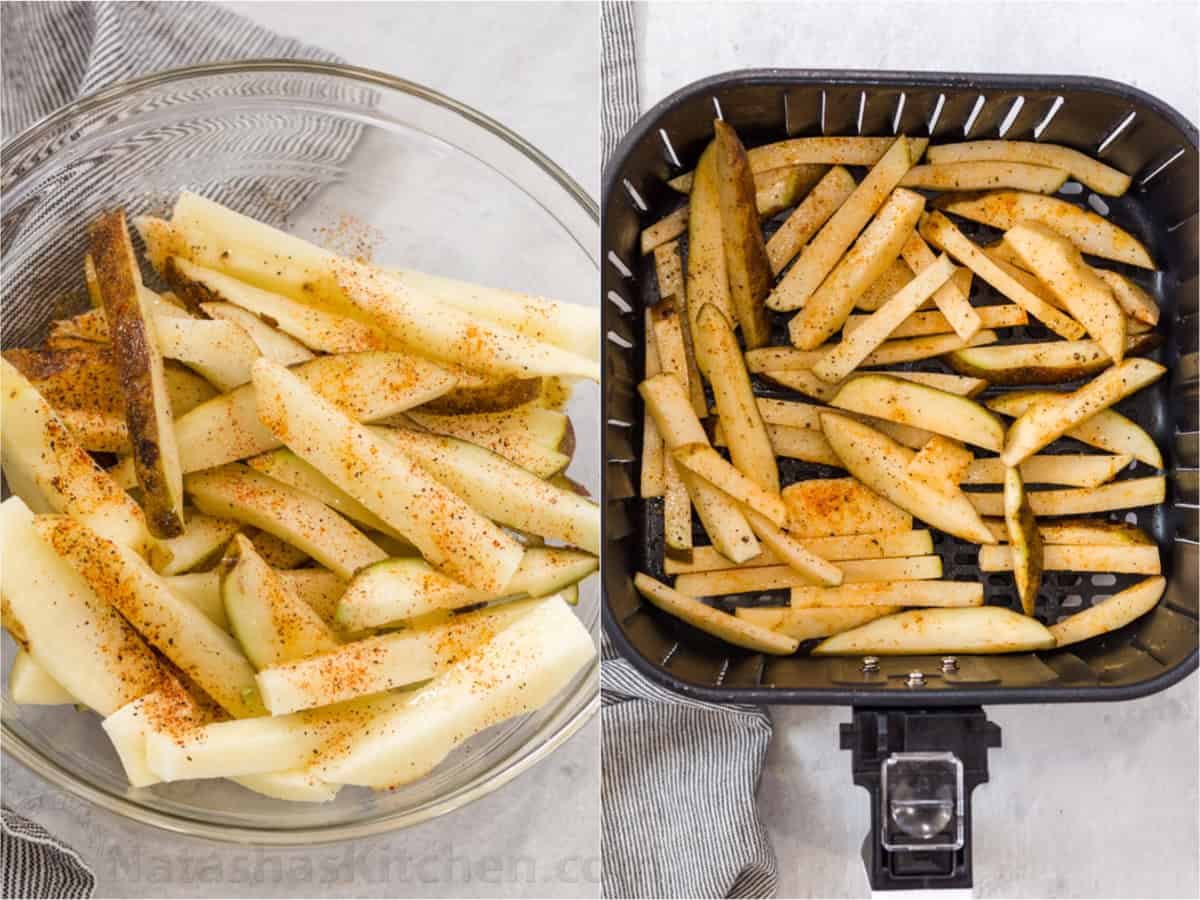 Homemade Air Fryer French Fries are so easy to make and taste much better than frozen fries! The Air Fryer makes it quick and easy to serve. before and after seasoning homemade french fries in the air fryer