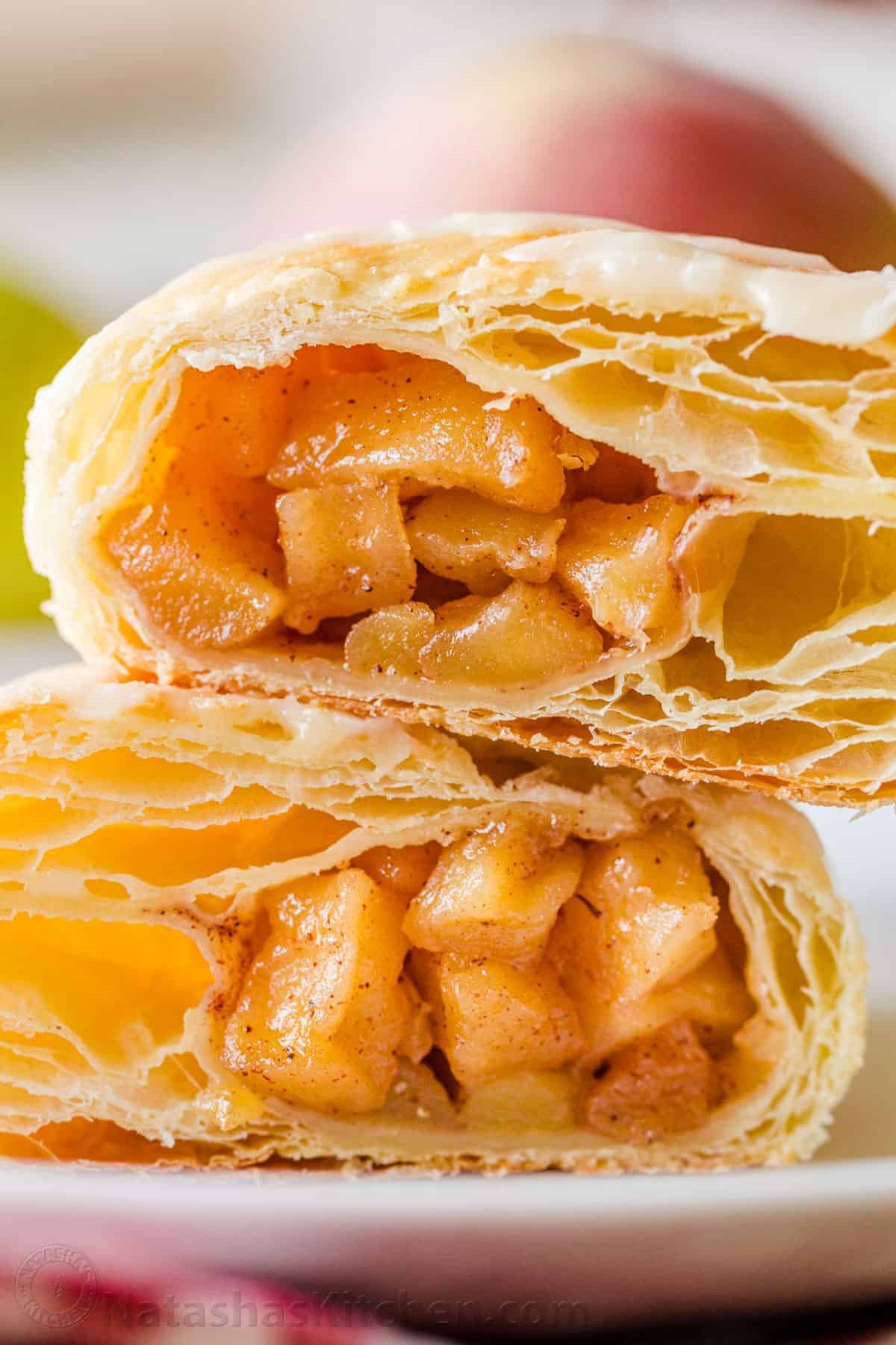 Fruit pastry cut in half to show filling