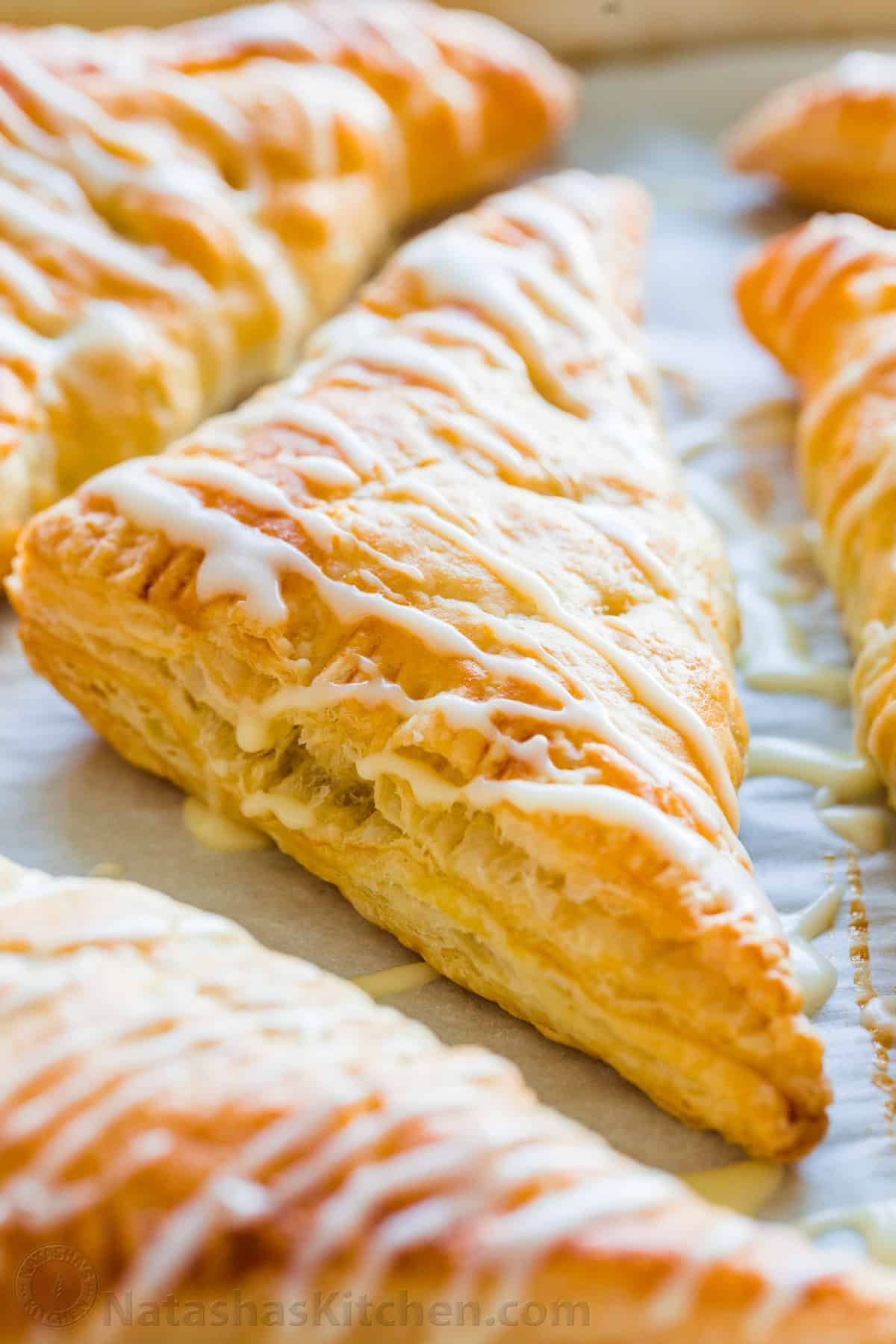 Baked from frozen pastries with icing glaze parchment