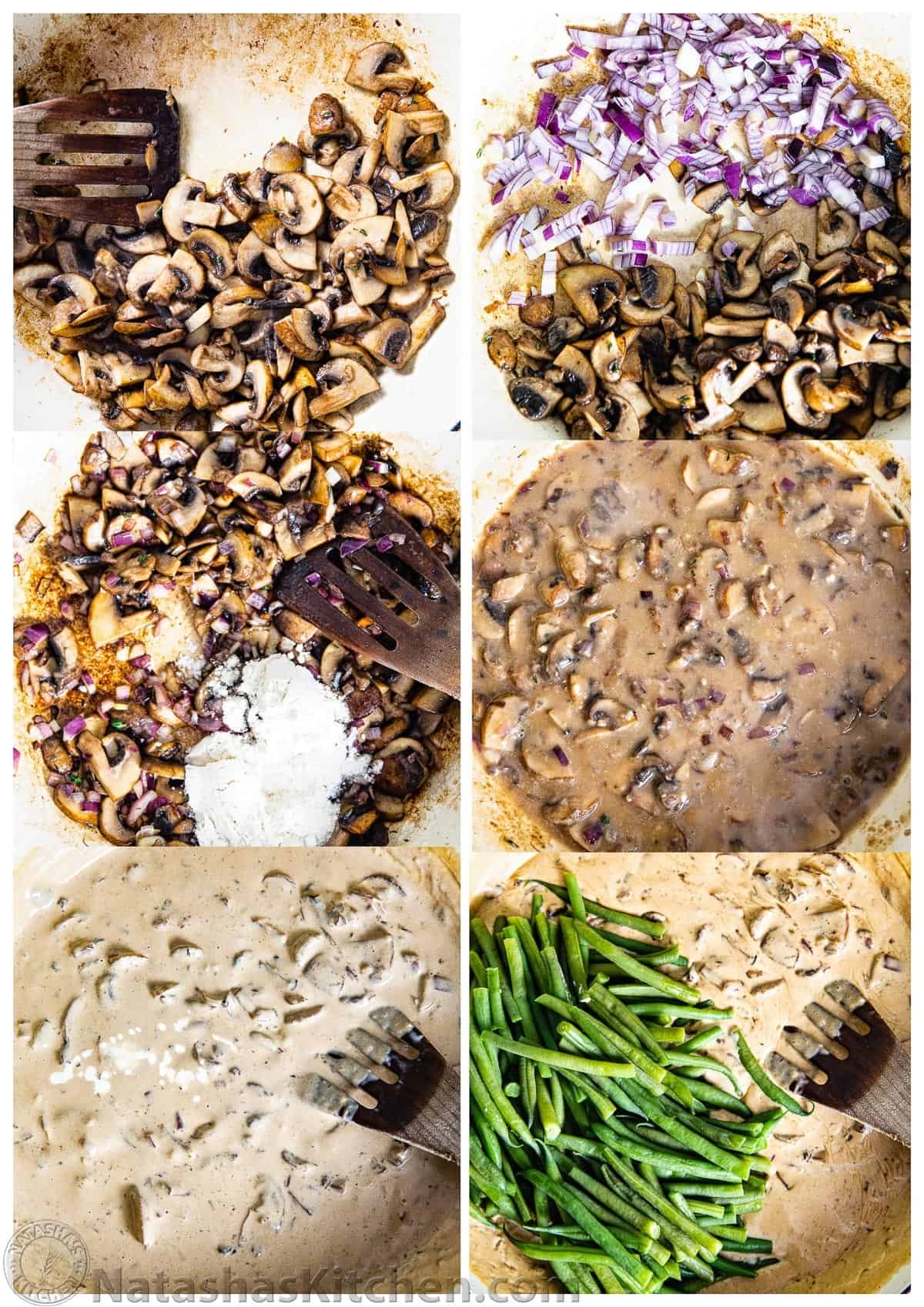 Green Bean Casserole (from scratch), with the best topping. This Thanksgiving side dish uses homemade cream of mushroom soup and it's a make-ahead recipe. #greenbeancasserole #greenbeancasserolefromscratch #healthy #sidedish #homemade Process images of homemade casserole with fresh green beans and homemade mushroom gravy