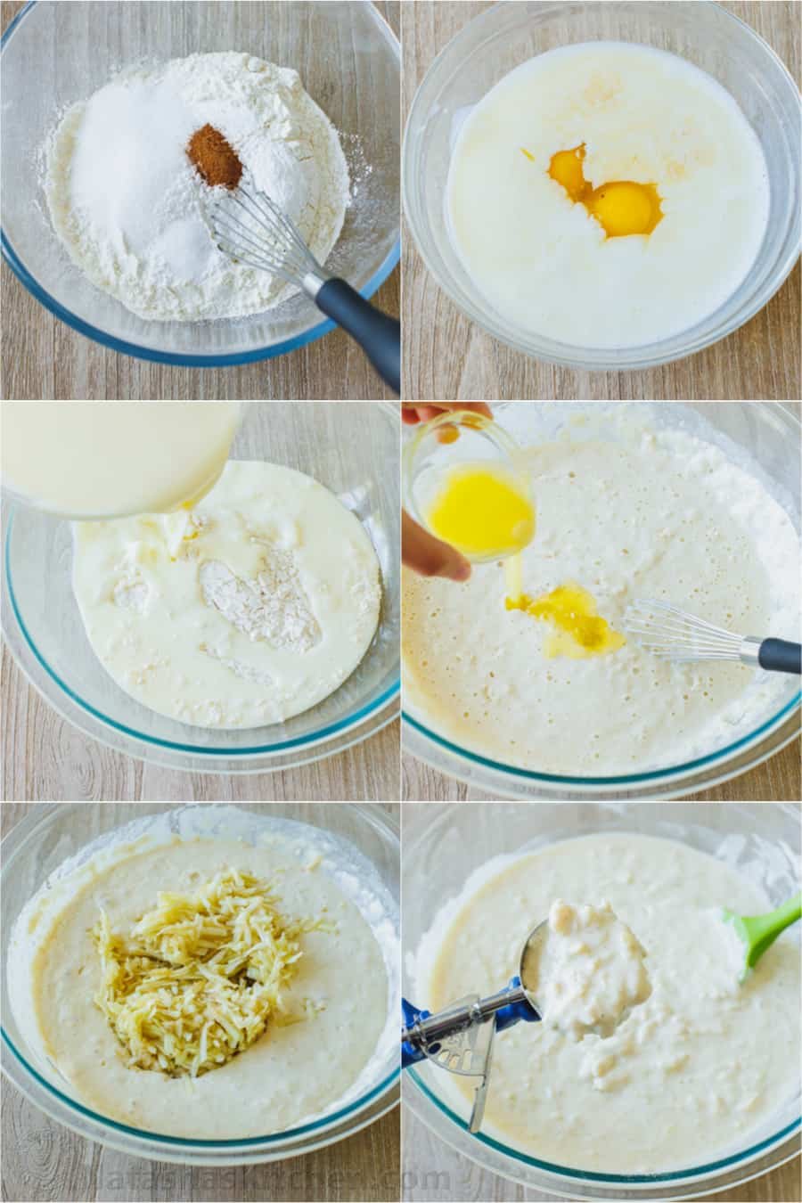 Photo collage showing the apple pancake batter making process.