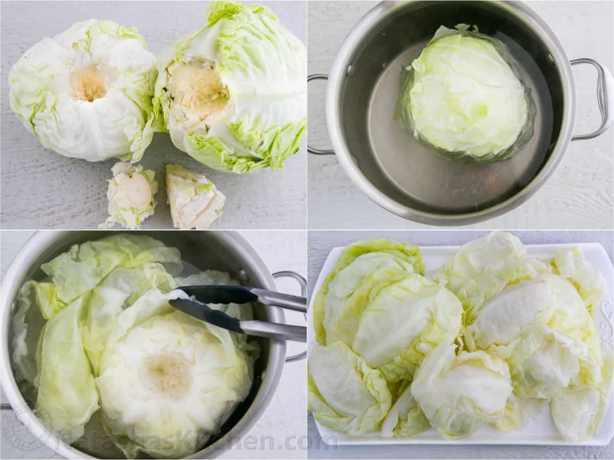 Photo collage showing how to prepare cabbage for cabbage rolls.