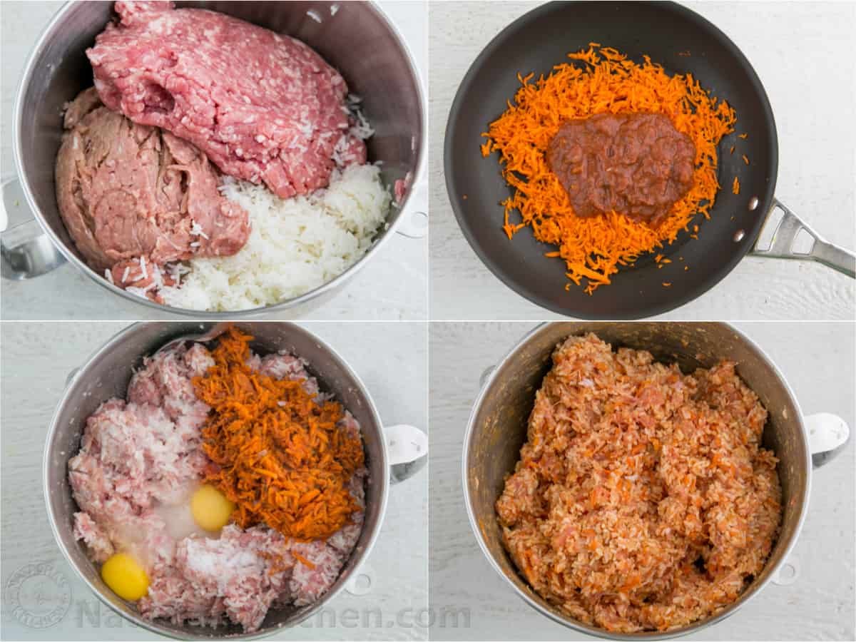 Photo collage showing how to make the stuffing for cabbage rolls.