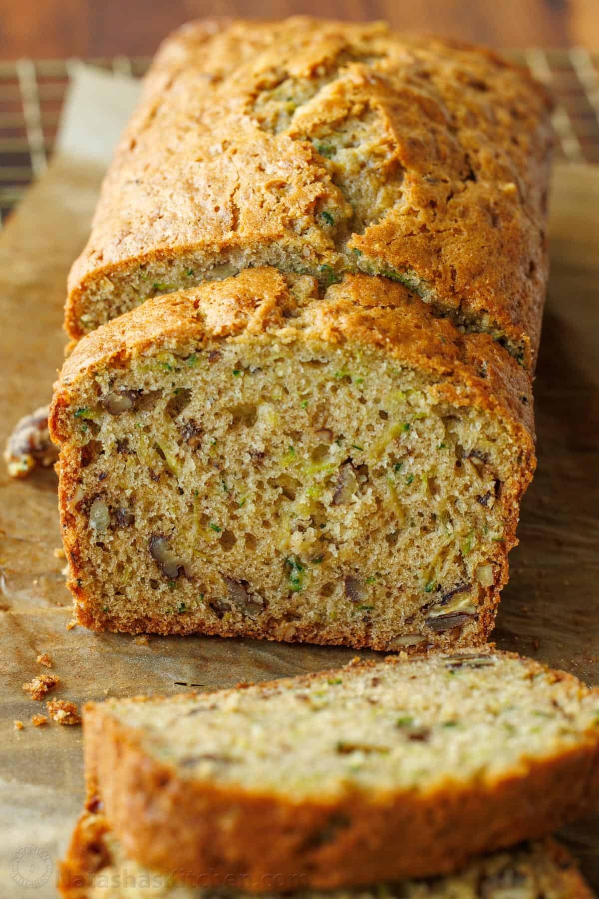 Sliced loaf of zucchini bread