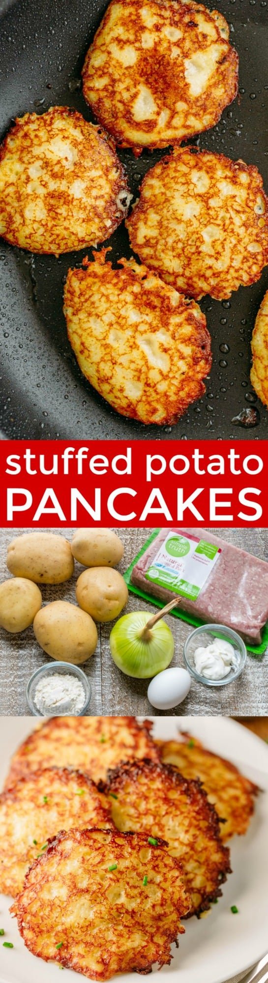 Draniki (aka deruny), are Russian stuffed potato pancakes made with grated potatoes. These are stuffed with a juicy meat patty - a delicious surprise! | natashaskitchen.com