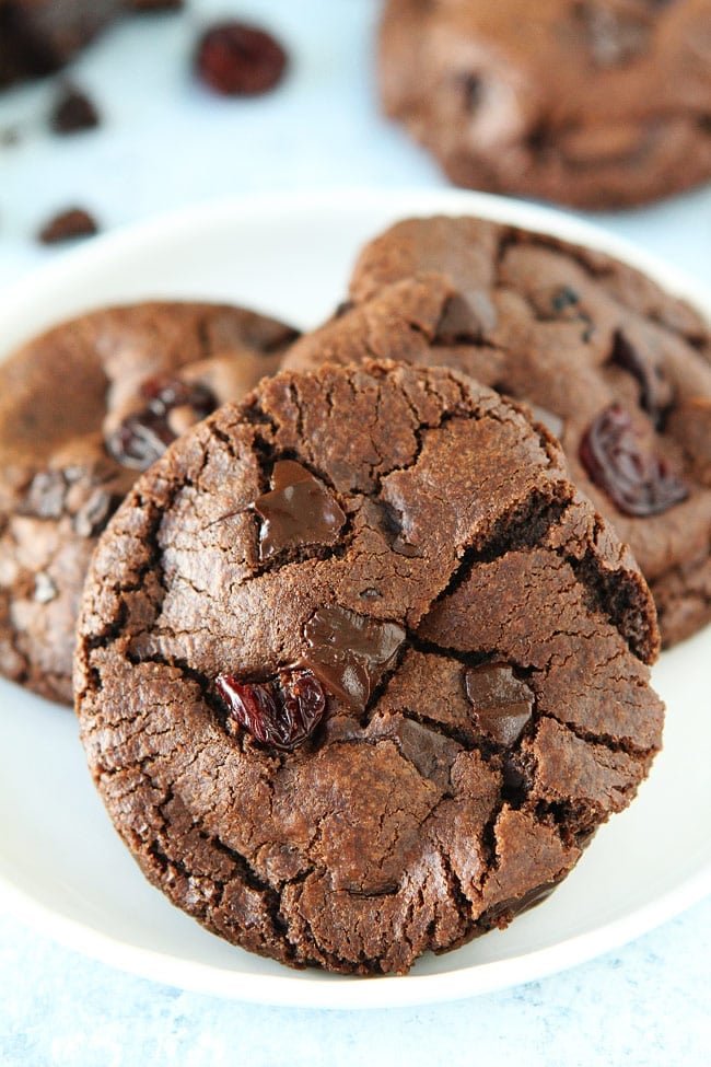 Chocolate Cherry Cookies Recipe on twopeasandtheirpod.com Soft and chewy chocolate cookies with chocolate chunks and dried cherries. Chocolate Cherry Cookies Recipe