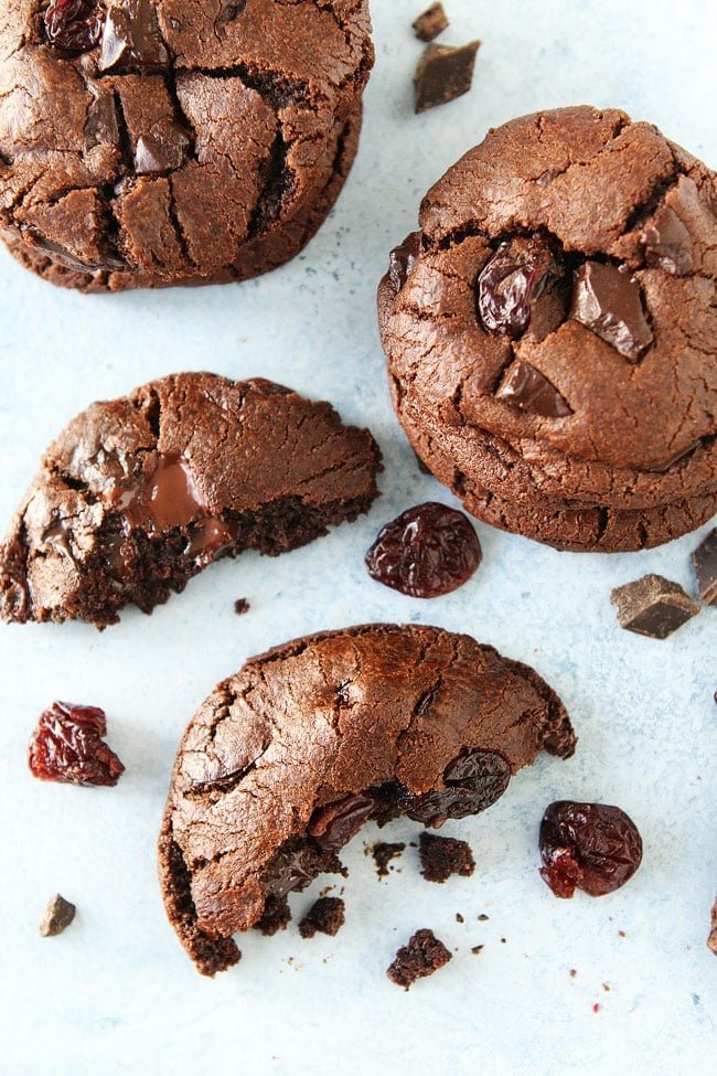 Chocolate Cherry Cookies Recipe on twopeasandtheirpod.com Soft and chewy chocolate cookies with chocolate chunks and dried cherries. The chocolate cherry combo is perfection! Chocolate Cherry Cookies Recipe