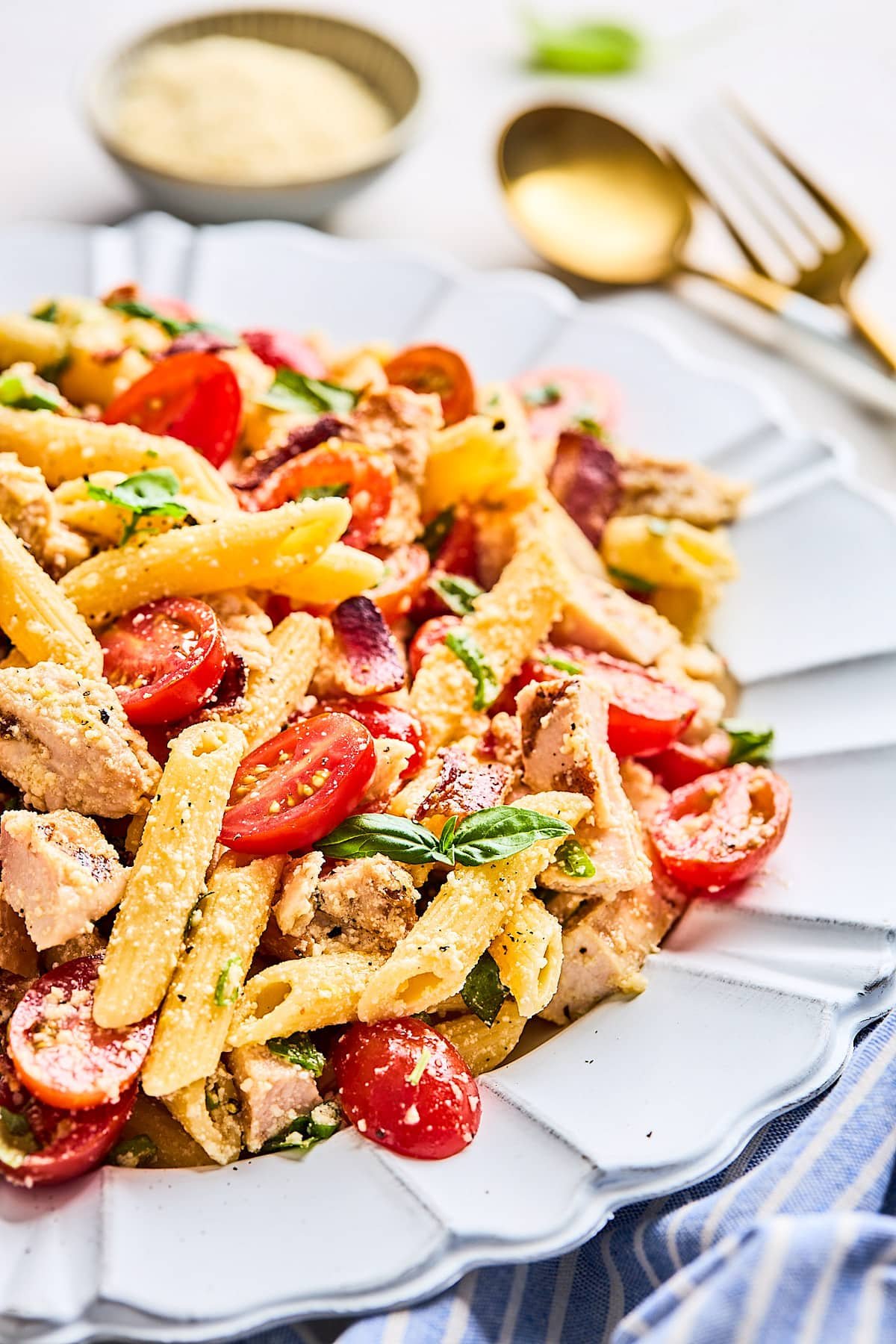chicken pasta salad on white plate.