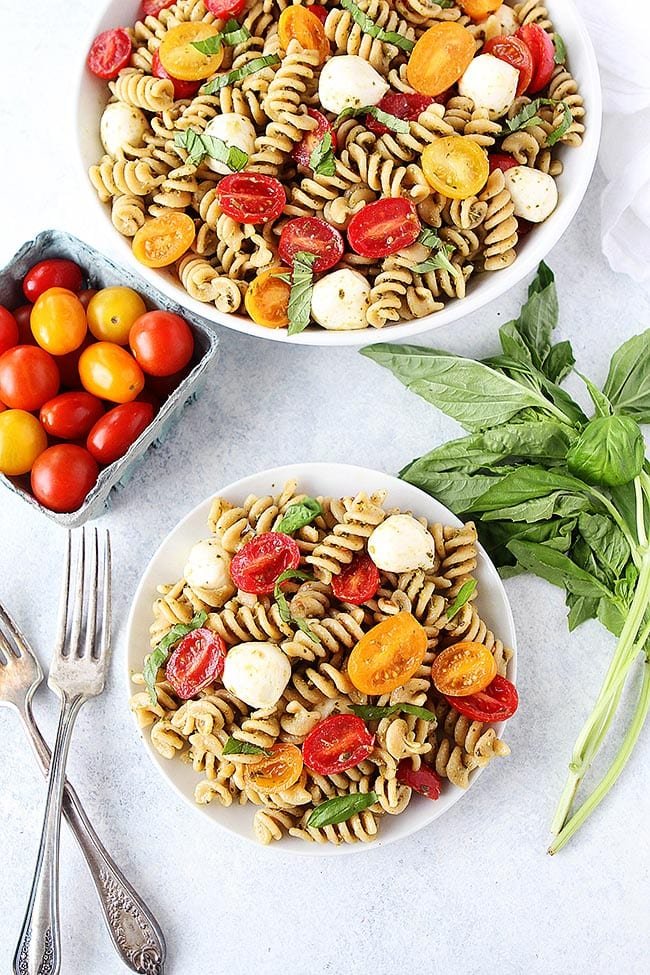 You only need 5 ingredients to make this easy Pesto Pasta Salad! It is the perfect pasta salad for summertime! #pesto #pasta #pastasalad #salad #vegetarian #basil #tomatoes #summer #easyrecipe #cheese Easy Pesto Pasta Salad