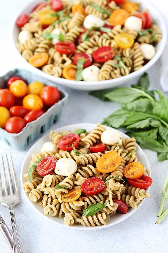 You only need 5 ingredients to make this easy Pesto Pasta Salad! It is the perfect pasta salad for summertime! #pesto #pasta #pastasalad #salad #vegetarian #basil #tomatoes #summer #easyrecipe #easydinner #dinner How to Make Pesto Pasta Salad