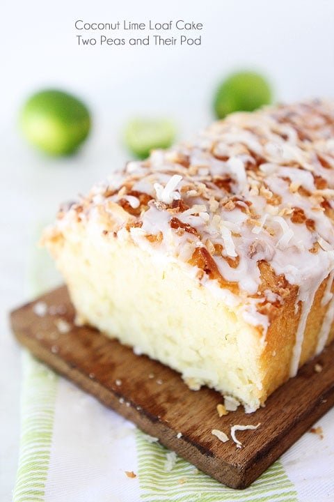 Coconut Lime Loaf Cake Recipe on twopeasandtheirpod.com This simple coconut lime loaf cake is drizzled with a sweet lime glaze and topped with toasted coconut! The perfect summer dessert! Coconut Lime Loaf Cake Recipe