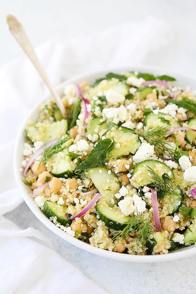 This simple and fresh Cucumber Quinoa Salad is the perfect side dish to any meal. It is gluten-free, vegetarian, and so good! #salad #quinoa #chickpeas #glutenfree #vegetarian #cucumber #summer #easyrecipe #healthyrecipe Easy Cucumber Quinoa Salad Recipe
