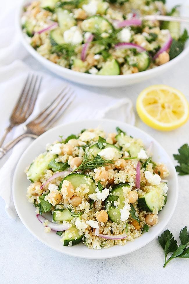 This simple and fresh Cucumber Quinoa Salad is the perfect side dish to any meal. It is gluten-free, vegetarian, and so good! #salad #quinoa #chickpeas #glutenfree #vegetarian #cucumber #summer #easyrecipe #healthyrecipe Cucumber Quinoa Salad on plate