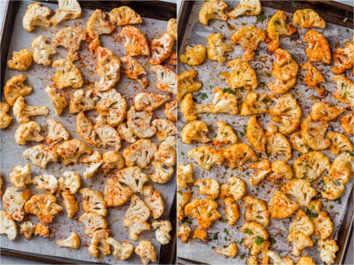 This EASY roasted cauliflower recipe will become your go to side dish, with sliced cauliflower florets tossed in a seasoning blend and drizzled in oil and butter. Collage of how to season the cauliflower and how to roast the cauliflower florets.