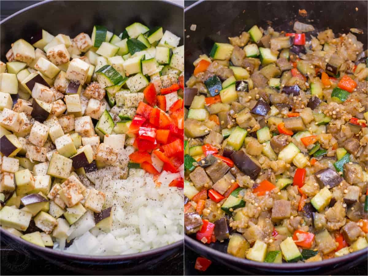 Two photos of spicy ratatouille brunch being cooked in a skillet
