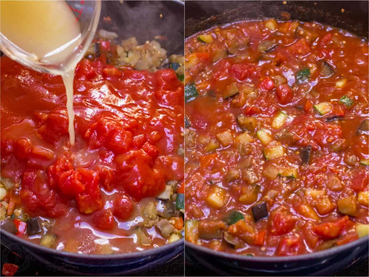 Two photos of spicy ratatouille being sautéed in a skillet