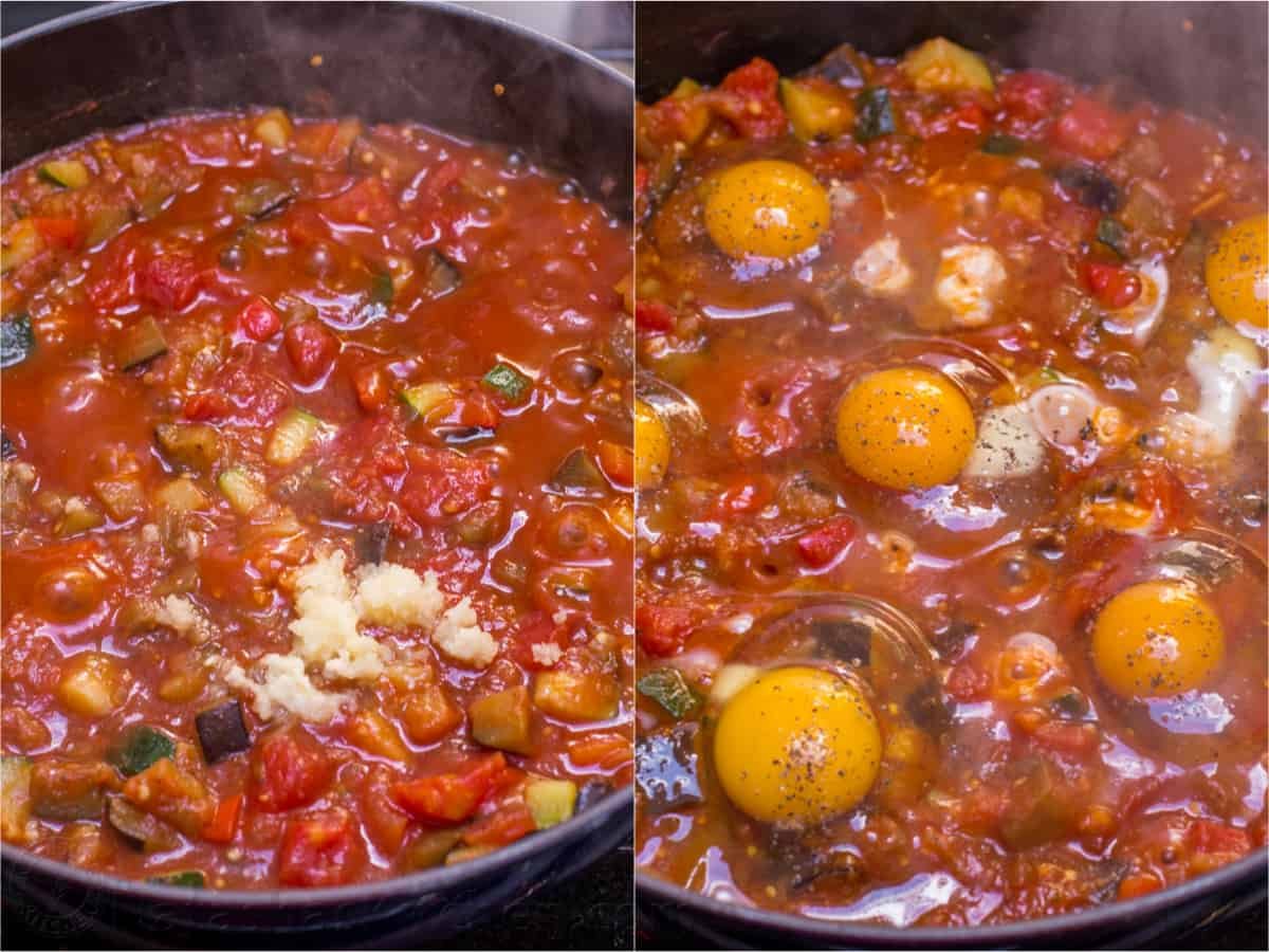 Two photos one of spicy ratatouille with garlic added and one with eggs added