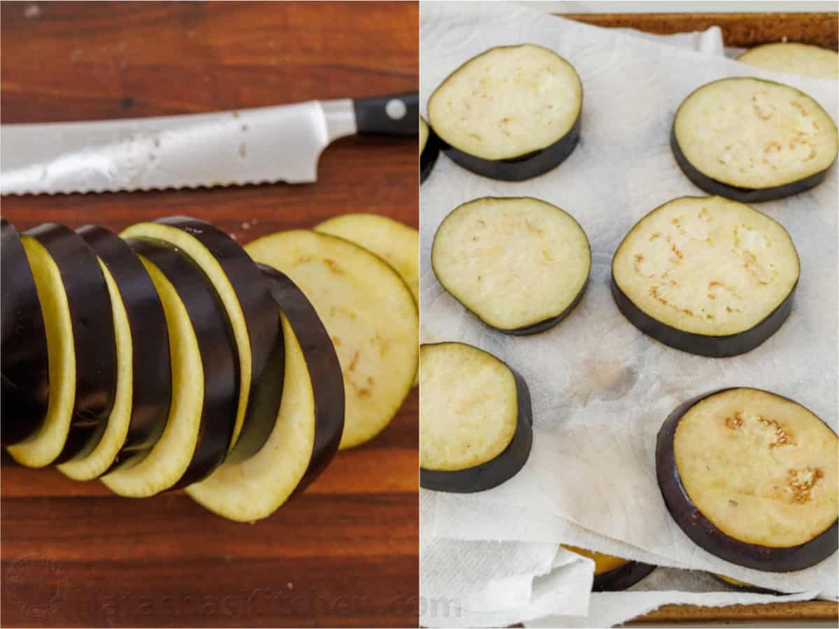 Eggplant Parmesan: Crispy breaded eggplant, layered with marinara sauce and mozzarella cheese, baked to perfection into a saucy and cheesy casserole. How to sweat eggplant slices with salt and paper towels before making eggplant parmesan
