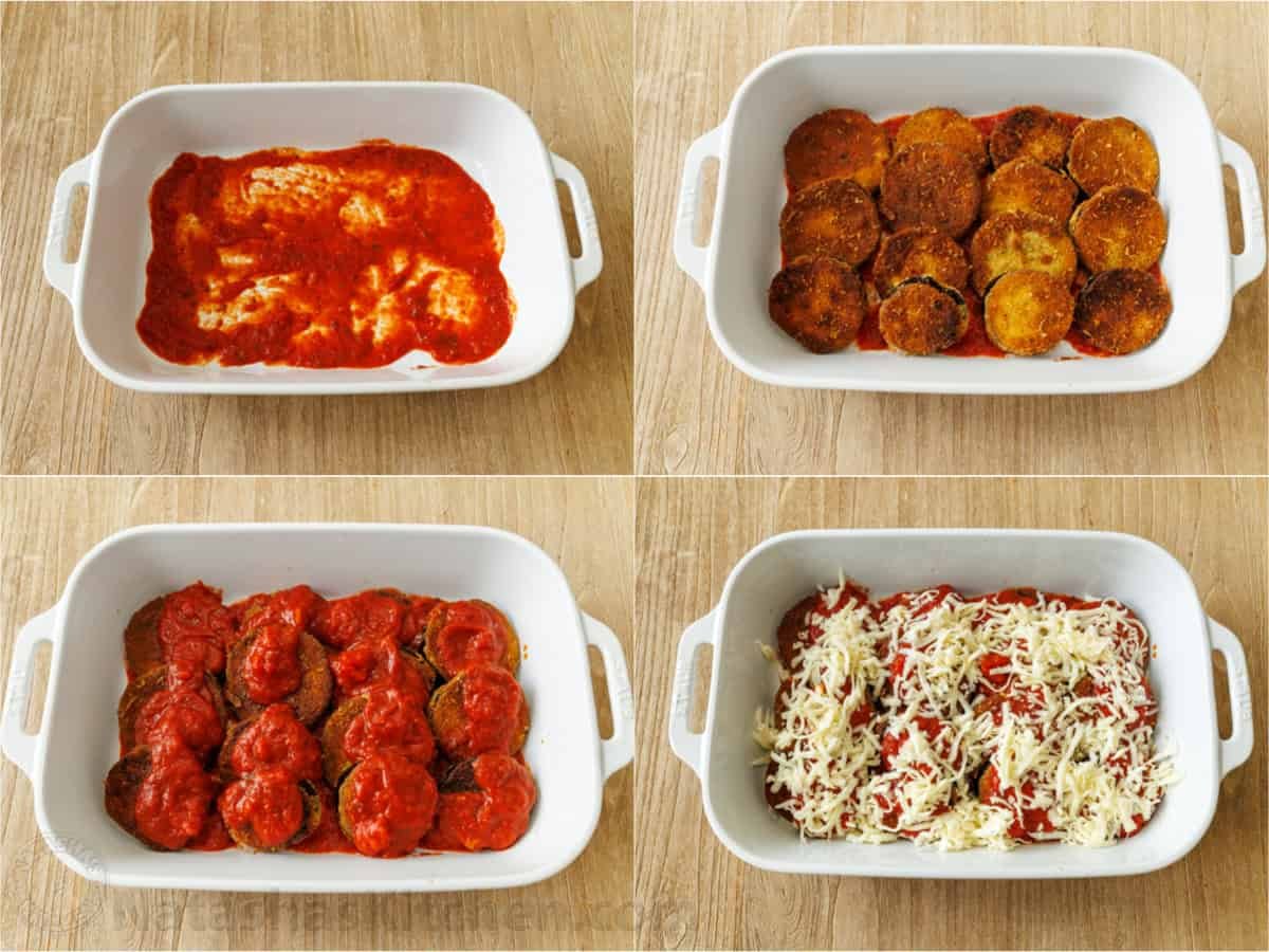 How to assemble eggplant paremesan Assembling eggplant parmesan in a baking pan- layering marinara sauce, crispy fried eggplant, and shredded mozzarella cheese.