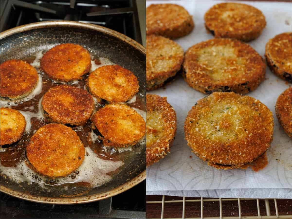 Eggplant Parmesan: Crispy breaded eggplant, layered with marinara sauce and mozzarella cheese, baked to perfection into a saucy and cheesy casserole. Golden brown eggplant coated with bread crumbs frying in a pan for eggplant paremsan