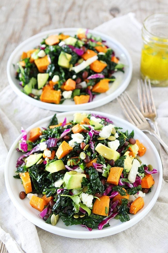 Sweet Potato and Black Bean Kale Salad Recipe on twopeasandtheirpod.com This beautiful and colorful kale salad is great as a side dish or main dish! It is the perfect fall salad! Sweet Potato and Black Bean Kale Salad Recipe