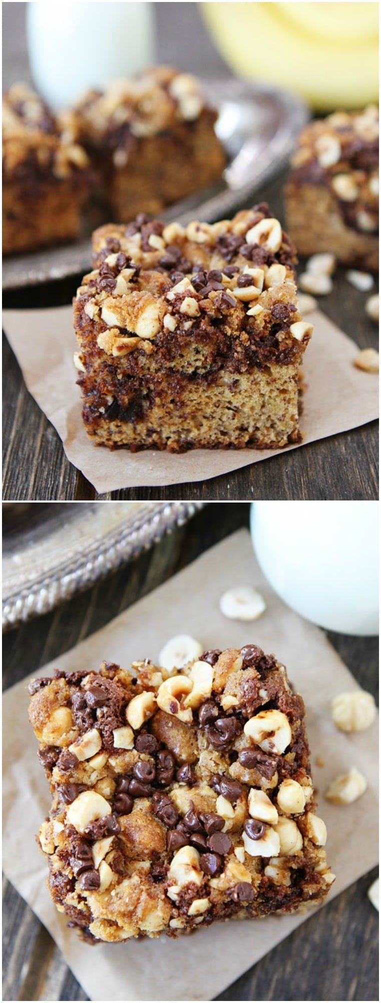Banana Cake with Chocolate Chip Hazelnut Streusel Topping Recipe on twopeasandtheirpod.com LOVE this banana cake! It is easy to make too!