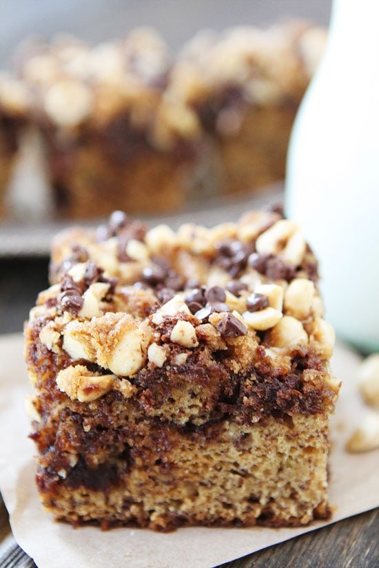 Banana Cake with Chocolate Chip Hazelnut Streusel Recipe on twopeasandtheirpod.com Easy banana cake swirled with Nutella and topped with a sweet chocolate chip hazlenut streusel topping. This cake is SO good! Banana Cake with Chocolate Chip Hazelnut Streusel Recipe