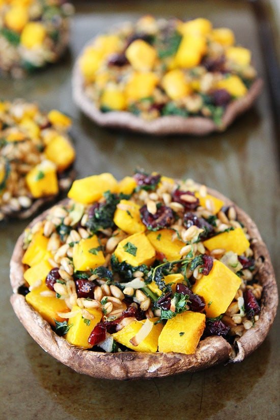 Stuffed Portobello Mushrooms with Farro, Butternut Squash, and Kale Recipe on twopeasandtheirpod.com Love this simple and healthy vegetarian meal! Stuffed Portobello Mushrooms with Farro, Butternut Squash, and Kale Recipe