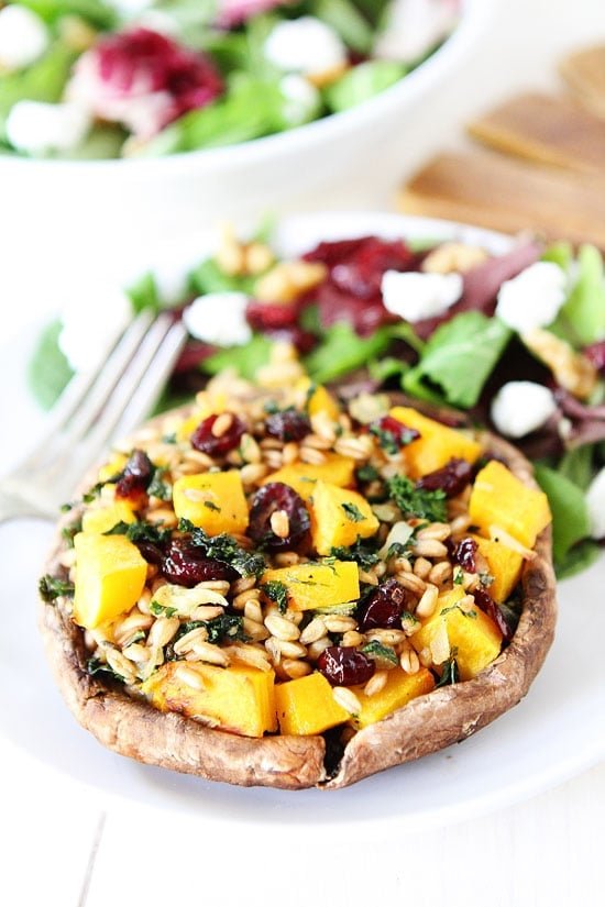 Stuffed Portobello Mushrooms with Farro, Butternut Squash, and Kale Recipe on twopeasandtheirpod.com Love this healthy fall meal! Stuffed Portobello Mushrooms with Farro, Butternut Squash, and Kale Recipe