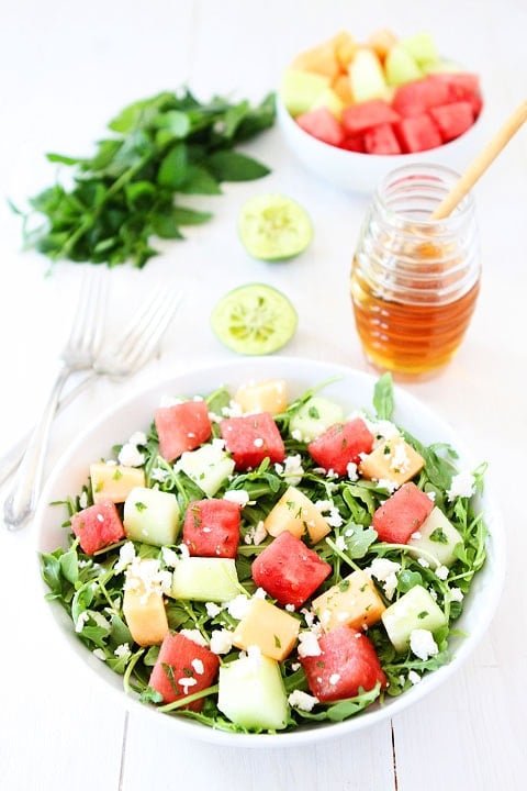 Melon Arugula Salad with Honey Lime Dressing Recipe Melon Arugula Salad with Honey Lime Dressing Recipe on twopeasandtheirpod.com Love this refreshing summer salad! #salad