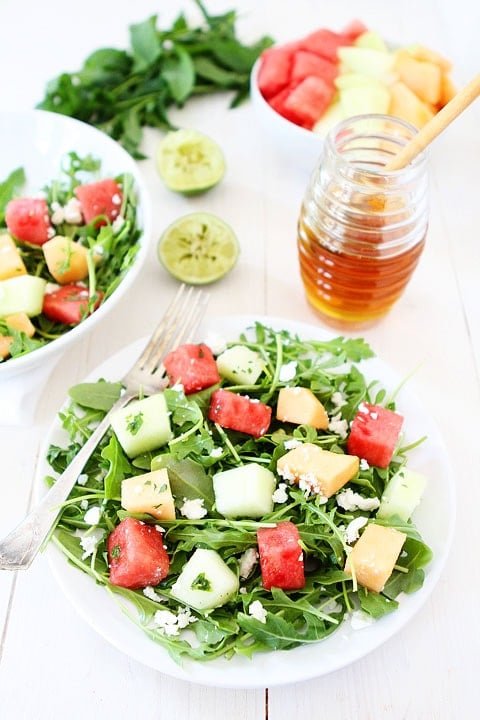 Melon Arugula Salad with Honey Lime Dressing Recipe Melon Arugula Salad with Honey Lime Dressing Recipe on twopeasandtheirpod.com Love this healthy summer salad! #salad